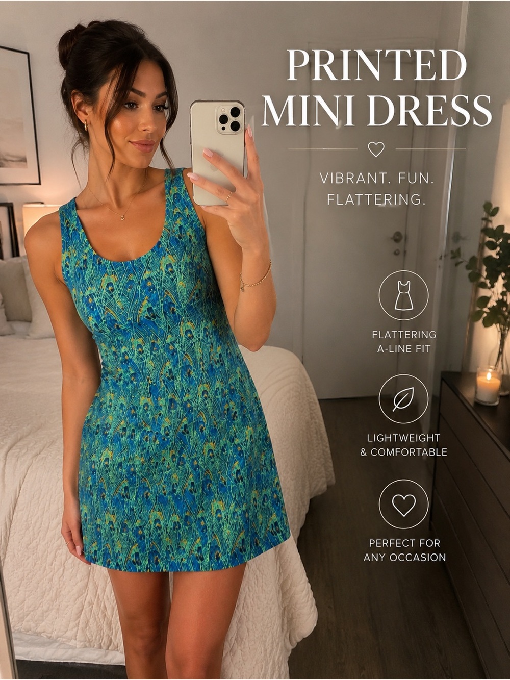 Peacock Print Sleeveless Mini Dress | Blue Green A-Line Dress